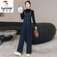 啄木鳥(niǎo)（TUCANO）牛仔背帶闊腿褲女2025年新款春秋季高腰休閑寬松直筒吊帶連體長(cháng)褲 高品質(zhì) 深藍色 S 建議100斤以下