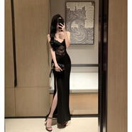 微愛(ài)的小松鼠復古黑色蕾絲拼接高開(kāi)叉性感包臀收腰氣質(zhì)吊帶裙晚禮服9758 黑色 L