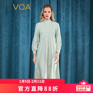 VOA100%真絲暗紋提花半高領(lǐng)插肩袖珍珠扣寬松腰碎褶連衣裙 AS10855 竹外春意（G11） 3XL