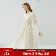 范思藍恩23FS13207法式復古燈籠袖綁帶收腰連衣裙春秋新款氣質(zhì)女裙 杏色 XS