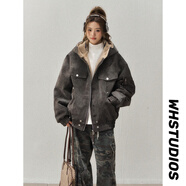 QGF美式復古毛領(lǐng)座山雕棉服女男冬季新款PU皮衣外套加絨加厚棉襖上衣 黑色 M 【建議90-110斤】