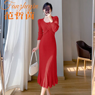 范哲茵針織連衣裙女長(cháng)袖2025秋冬中長(cháng)款過(guò)膝荷葉邊魚(yú)尾包臀打底內搭 紅色 均碼 90-130斤