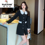 啄木鳥(niǎo)（TUCANO）法式蕾絲娃娃領(lǐng)減齡連衣裙2025冬季新款簡(jiǎn)約時(shí)尚甜美A字裙 黑色 S