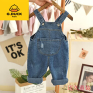 G.duck清倉兒童背帶褲韓版可開(kāi)襠1-3歲牛仔褲男女童長(cháng)褲加絨寶寶背帶褲 52 單褲破洞藍色 100