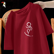 啄木鳥(niǎo)（TUCANO）純棉短袖T恤男韓版潮流寬松大碼重磅打底衫青少年學(xué)生夏天男短袖 酒紅/火柴人 L （重120-130斤高165-170）