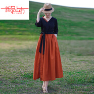 啄木鳥(niǎo)（TUCANO）民族風(fēng)棉麻V領(lǐng)連衣裙女收腰系帶撞色亞麻大擺裙 桔紅色 L 【115-130斤】