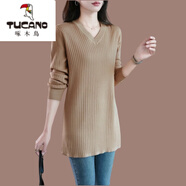 啄木鳥(niǎo)（TUCANO）大碼中長(cháng)毛衣女寬松V領(lǐng)新款直筒顯瘦純色上衣打底針織衫200斤可穿 駝色 XL 120-135斤