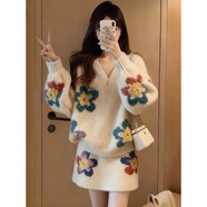 ?？|竺小個(gè)子秋冬慵懶風(fēng)套裝女軟糯花朵V領(lǐng)潮感針織毛衣短裙兩件套 杏色短裙 S