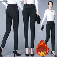 黑色打底褲女外穿2024秋冬新款高腰牛仔褲高腰緊身小腳彈力鉛筆褲 雪花黑加絨加厚 40 27碼建議95斤以下