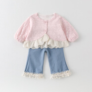 圓圓米米寶寶衣服春季分體套裝可愛(ài)衛衣牛仔褲洋氣春裝嬰兒外出服上衣褲子 粉色 80