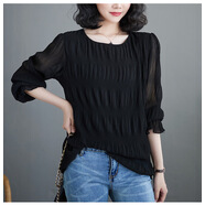 8色現貨日本樂(lè )天2025春季新款壓褶喇叭袖雪紡衫寬松長(cháng)袖上衣 黑色 M