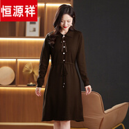 恒源祥秋冬新款知性淑女風(fēng)紅色翻領(lǐng)系帶連衣裙女裝中老年大碼收腰針織裙 咖色 M