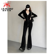 國際米瀾歐美辣妹秋裝衛衣連帽外套喇叭褲套裝女秋冬運動(dòng)兩件套 黑色 S