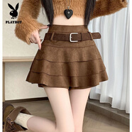 花花公子（PLAYBOY）美拉德荷葉邊包臀蛋糕半身裙女裝秋冬高腰顯瘦辣妹復古鹿皮絨短裙 咖啡色【不送腰帶】 M