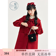 紫涵小A型方領(lǐng)毛呢大衣女冬季學(xué)院風(fēng)門(mén)襟手打蝴蝶結外套 復古紅 L