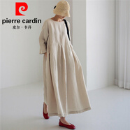皮爾卡丹（pierre cardin）長(cháng)袖連衣裙大碼寬松棉麻套頭圓領(lǐng)過(guò)膝長(cháng)裙氣質(zhì)休閑風(fēng)森女系打底衫 米色 S
