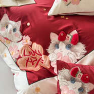語(yǔ)森憶發(fā)財貓刺繡四件套高級感紅色結婚嫁床單 長(cháng)絨棉招財喵山茶粉[收藏送 床笠式（包裹住床墊） 床單款 1.5m床寬（被套200x230）四件套