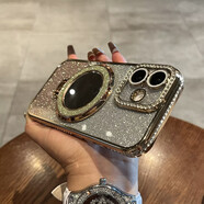 RSRDDY閃粉水鉆邊框適用蘋(píng)果iPhone16promax手機殼新款鏡頭全包奢華14pr [土豪金] 閃粉水鉆邊框鏡子支架 iPhone 14