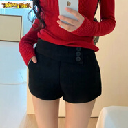 初徑灰色毛呢短褲女冬季新款顯瘦韓版中高腰緊身包臀呢子直筒靴褲 黑色 XS