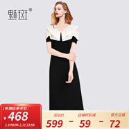 魅斑設計感禮服裙撞色短袖連衣裙女2025巨好看的裙子開(kāi)叉一步裙女 拼色 M