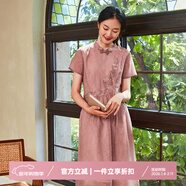 布符夏季新款旗袍領(lǐng)修身中式手工盤(pán)扣腰間抽褶繡花連衣裙女 絳紗(后腰有松緊） XL