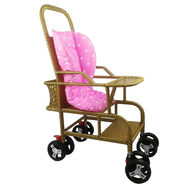 蕉京竹藤嬰兒車(chē)寶寶推車(chē)輕便兒童嬰兒仿藤編竹編藤編藤椅小推車(chē)夏天童 精致土豪金+粉紅坐墊