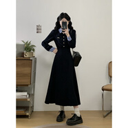 智立冠連衣裙秋冬新款娃娃領(lǐng)拼接藏青色格子撞色時(shí)尚氣質(zhì)收腰顯瘦 藏青色 L 大碼