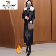 啄木鳥(niǎo)（TUCANO）時(shí)尚皮裙套裝女2025秋冬新款時(shí)髦洋氣皮衣外套過(guò)膝半身裙兩潮 黑色皮衣+黑色皮裙【加絨+毛領(lǐng)】 3XL 【130-145斤】