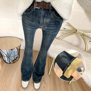 顯腿長(cháng)洋氣淺藍色高腰加絨加厚喇叭褲韓國顯瘦微喇牛仔褲 復古顯瘦藍灰色 S S