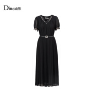 Ditto【商場(chǎng)同款】迪圖2025夏季雪紡連衣裙優(yōu)雅蕾絲花邊百褶裙紅色長(cháng)裙 黑色 S