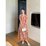 MavenLin炙熱度假風(fēng)碎花V領(lǐng)洋裝女設計感泡泡袖大擺長(cháng)裙子 紅底杏花現貨 M M