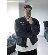 Shelley Jones美式短款牛仔外套男春秋高級感痞帥發(fā)型師潮牌男裝墊肩牛仔衣夾克 黑色 M [推薦80-100斤]