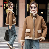 AEMAPE皮毛一體外套女短款2025秋冬季新款時(shí)尚設計感羊羔毛機車(chē)服夾克 卡其色 L 115-130斤