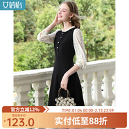 艾蓓怡黑色法式蕾絲拼接假兩件長(cháng)袖連衣裙你2024秋季新款a字裙 瑾瑜黑 M