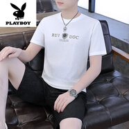 花花公子夏季冰絲短袖套裝男薄l款圓領(lǐng)寬松休閑大碼兩件套短袖短褲套裝 TZ863盾牌獅【套裝】白色 XL 【建議115-130斤】