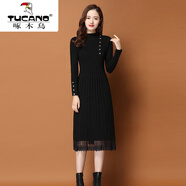 啄木鳥(niǎo)（TUCANO）加絨加厚款配外套長(cháng)款過(guò)膝針織連衣裙女秋冬百搭半高領(lǐng)打底毛衣裙 蕾絲A版型：  黑色 4XL 建議150-165斤