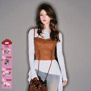 CHUU【趙露思同款】柔膚木耳邊t恤女士春季新品不對稱(chēng)抽褶蕾絲標上衣 baby藍 L -0