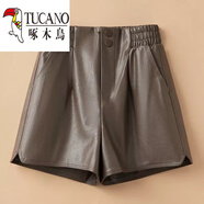 啄木鳥(niǎo)（TUCANO）皮短褲女2024新款秋冬季高腰顯瘦寬松a字PU皮褲百搭女褲外穿靴褲 2251新款 咖色-高品質(zhì) XL 建議/115-125斤