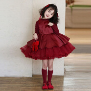 左別馬年拜年服女童25冬季酒紅色緞面拼接網(wǎng)紗tutu連衣裙小女孩拜年蓬 紅色tutu公主裙 140 (關(guān)注店鋪優(yōu)先發(fā)貨)