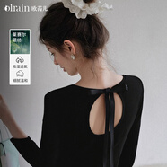Olrain歐芮兒黑色顯瘦背后鏤空蝴蝶結長(cháng)袖T恤女裝春2026新款修身上衣 黑色 S