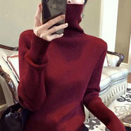 ANBIEM高領(lǐng)毛衣女秋冬新款韓國復古洋氣修身長(cháng)袖內搭加厚套頭打底針織衫 酒紅色加厚 M  75-120斤