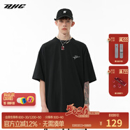 BJHG夏重磅美式高街復古酒紅色短袖T恤男潮牌寬松圓領(lǐng)休閑情侶上衣女 炭黑色 S （130斤以下）