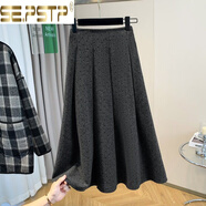 皮爾卡丹復古感波點(diǎn)百褶半身裙女冬季胖m妹設計感中長(cháng)款A字裙毛呢裙子 深灰色 M 【建議 90-105 斤】