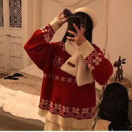 俞兆林（YUZHAOLIN）紅色毛衣女秋冬2025新款復古圣誕雪花寬松外穿套頭針織打底衫 紅色 厚款 M 【90-105斤】