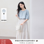 香影中袖襯衫女圓領(lǐng)2025夏裝新款慵懶泡泡袖氣質(zhì)淑女寬松藍色上衣 套裝 襯衫+半裙 M 160/84A/95-110斤