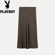 花花公子女裝2025年秋歐美A字高腰中長(cháng)裙絲緞面質(zhì)感迷笛半身裙 棕色波點(diǎn) S