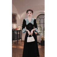 法式覆古收腰顯瘦藍色娃娃領(lǐng)拼接黑色金絲絨連衣裙女秋冬 黑色 S S