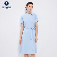 Navigare意大利小帆船短袖連衣裙女士夏季棉質(zhì)斜領(lǐng)裙子時(shí)尚顯瘦半袖a字裙 冰水藍 XL 碼