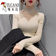 啄木鳥(niǎo)（TUCANO）針織絨衫女蕾絲打底衫內搭秋冬年新款洋氣半高領(lǐng)薄款修身毛衣針織 杏色【品質(zhì)】 L 建議105-115斤