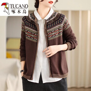 啄木鳥(niǎo)（TUCANO）秋季新款民族風(fēng)針織衫外套女復古寬松長(cháng)袖毛衣開(kāi)衫短款棉線(xiàn)上衣女 咖色 均碼 建議80-145斤